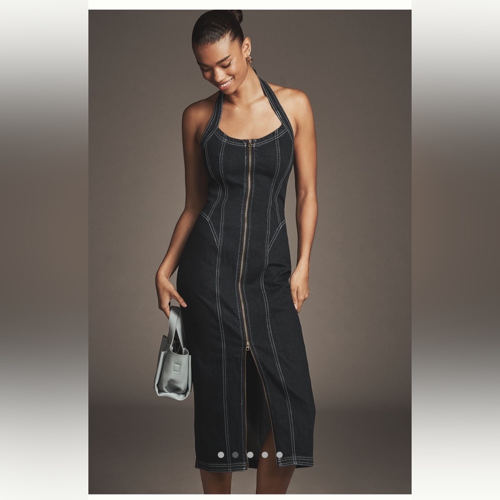 NWT Anthropologie Pilcro Front-Zip Denim Halter Midi Dress Size M